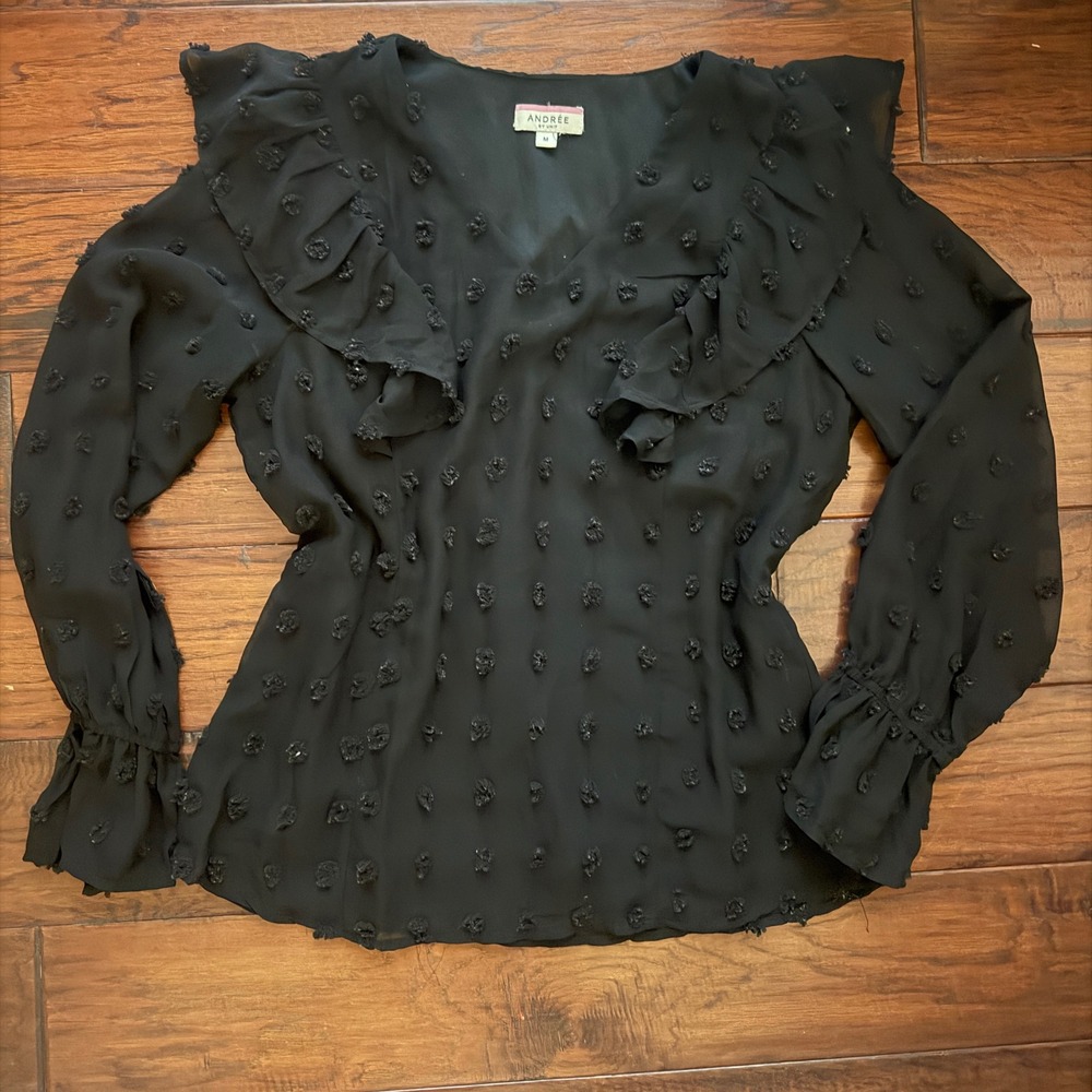 Andree By Unit Blouse M Black Ruffle Swiss Dot Dark Romantic Whimsygoth Witchy
